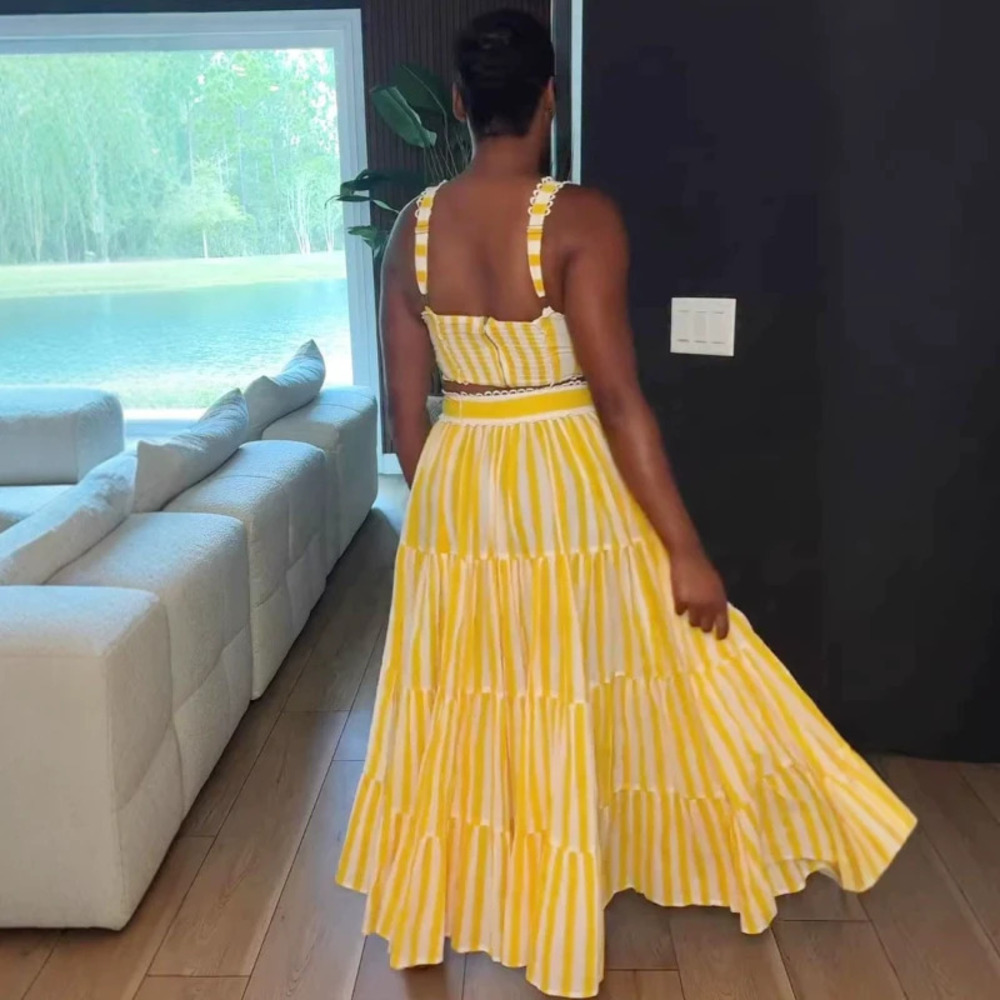 ZARA Sexy Striped Strappy Top African Style Waist Flared Maxi Skirt Set